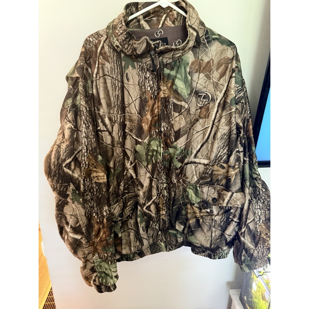 Trail Tech Camo Hunting Jacket Size L Mesh Lined Hood Game Pouch EUC